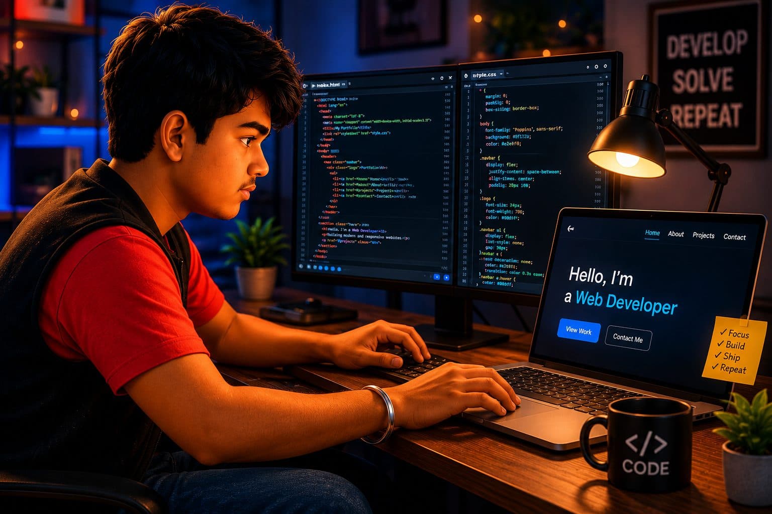 Illustration of a developer at a desk with three monitors